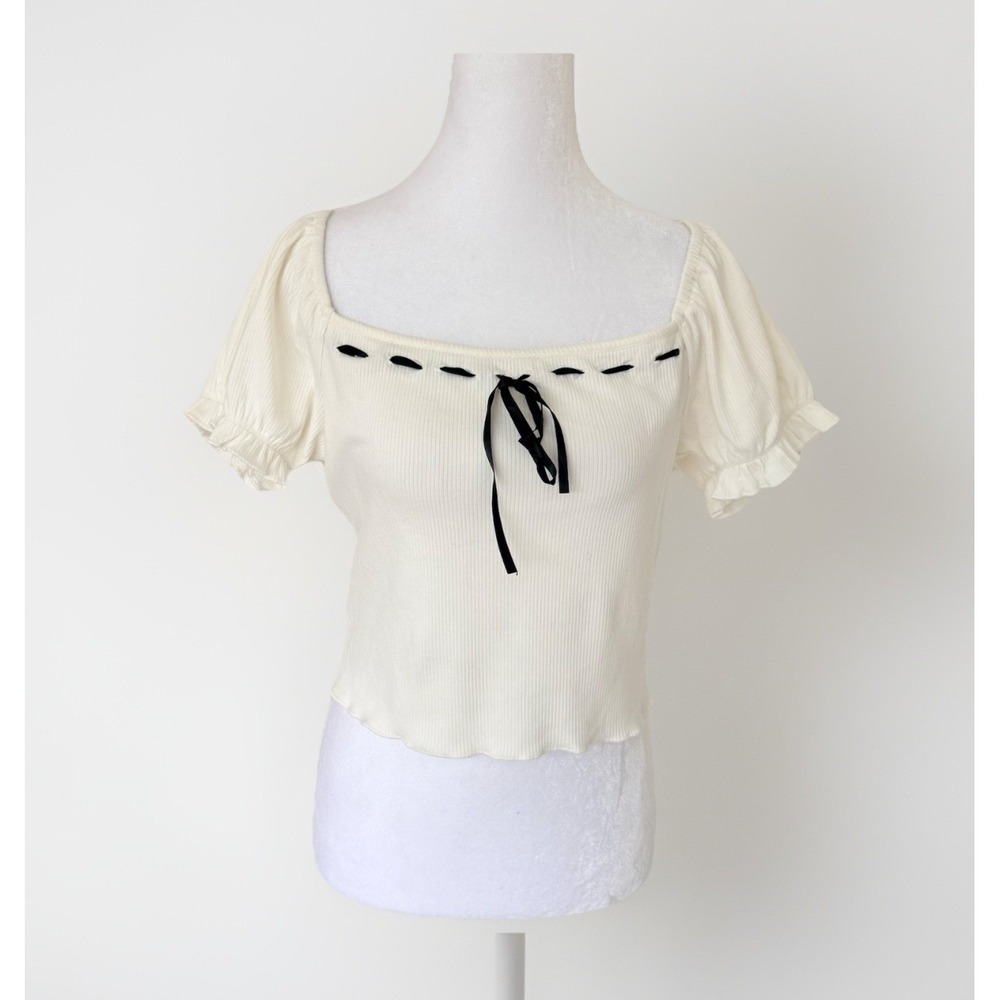 NWT Milkmaid Ivory Top Size L Ribbed Festival Fairy Coquette Bow Y2K Cream NEW